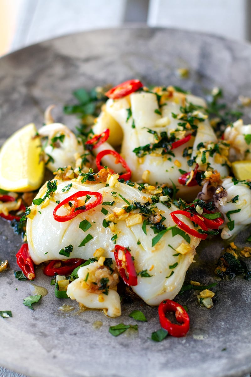 Grilled Squid With Garlic, Chili & Parsley