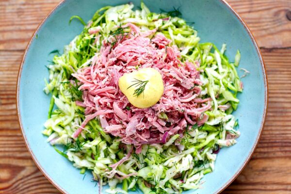 English garden salad with shredded ham…
