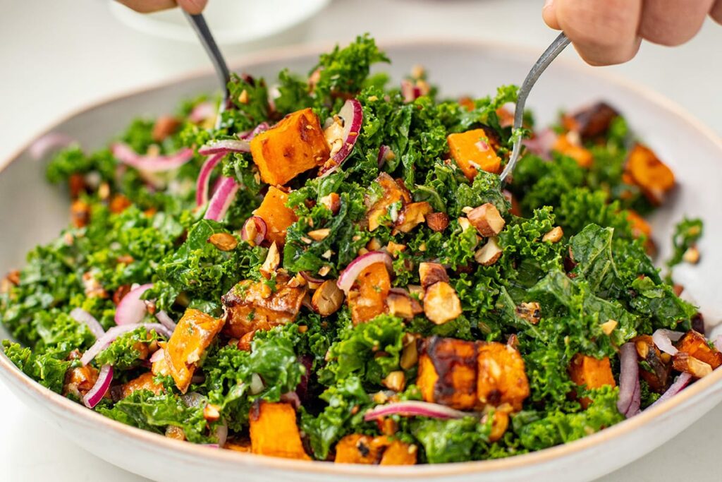 best kale salad with sweet potato and tahini dressing