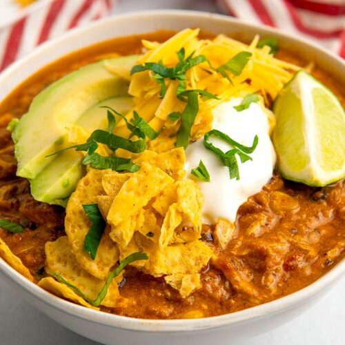 chicken chili with cream cheese and toppings