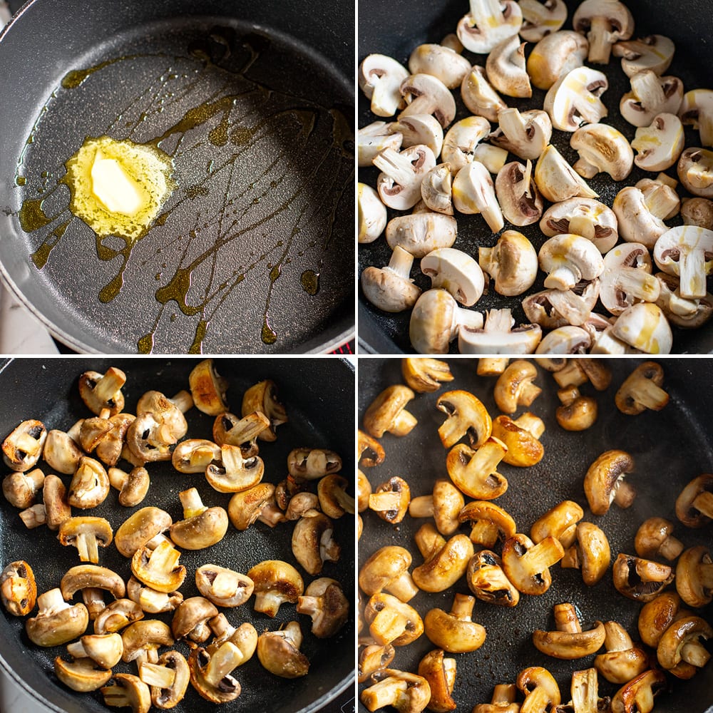 pan frying mushrooms until golden brown with balsamic vinegar finish