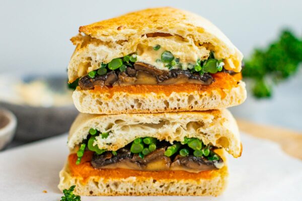vegan mushroom sandwich with broccolini and butternut squash feature